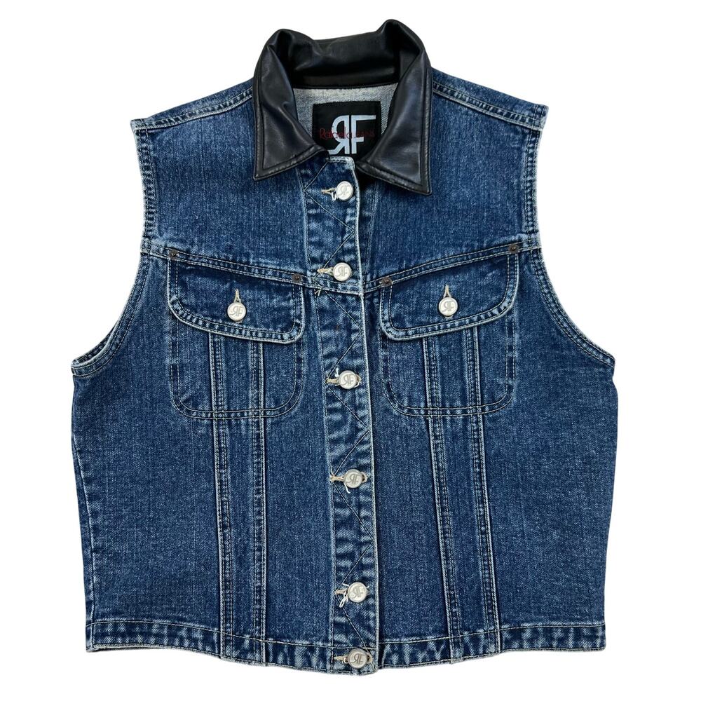 Denim Sleeveless Vest with Black Leather Collar - Blue